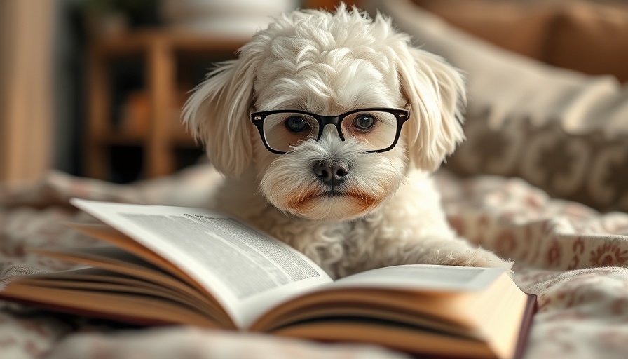 Curly white dog reading a book, cozy setting, Chicken Soup for the Soul