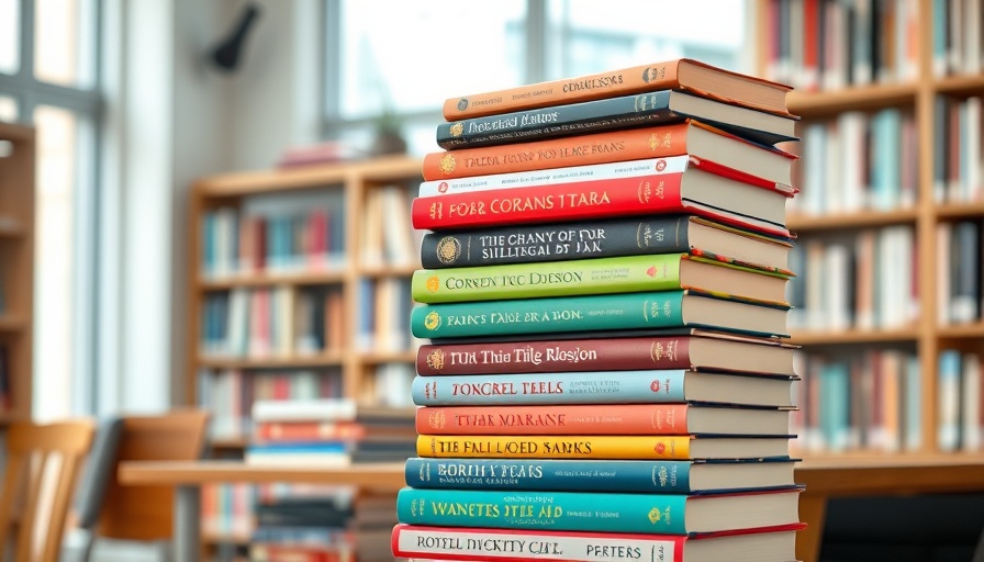 Stack of books in California library facing funding cuts.