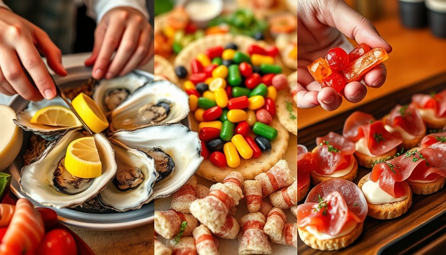 Variety of foods: oysters, candies, and salami on crackers.