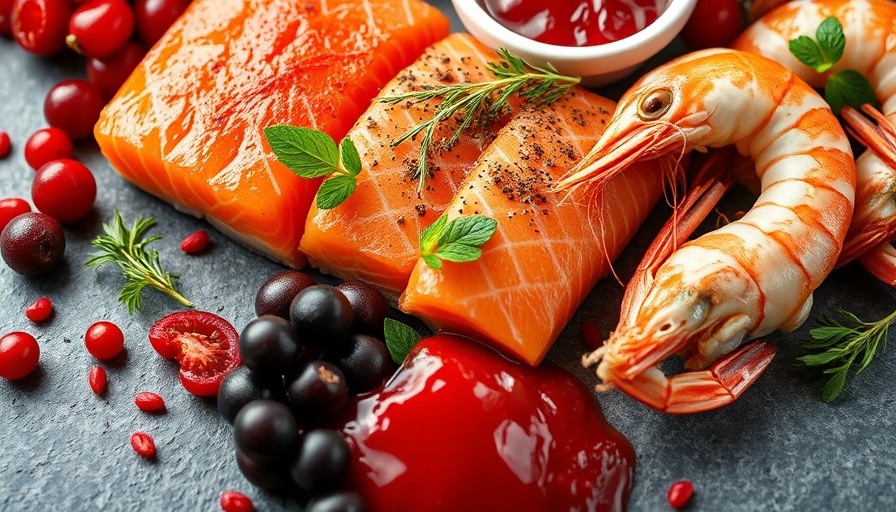 Astaxanthin benefits for brain heart skin: Colorful foods rich in astaxanthin.