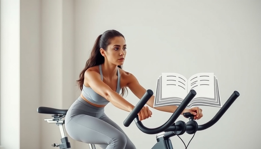Athletic woman cycling indoors next to a glossary icon.