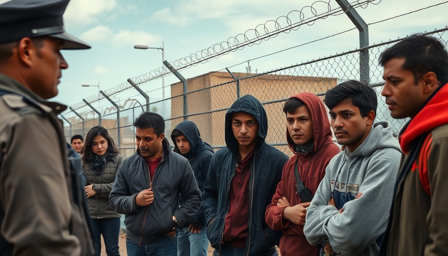 Asylum seekers in ICE detention communicating with guard near barbed wire fence.