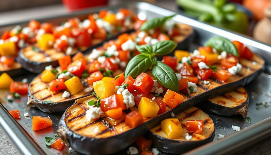 Colorful grilled eggplant slices with fresh toppings on a baking tray.