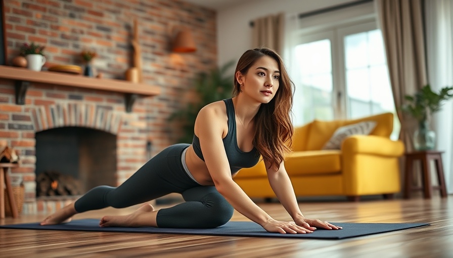 Woman practicing functional fitness yoga in San Diego living room.