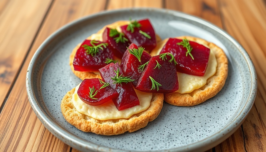 Vibrant beet and dill crispbread on a gray plate, wooden table