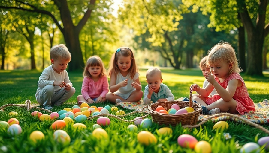 Easter egg hunt in a park with children playing, San Diego.