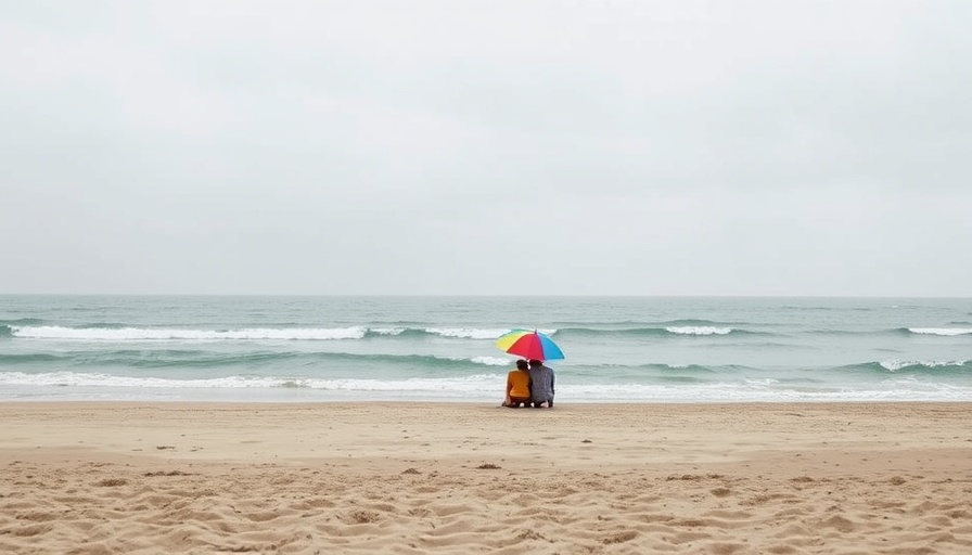 Cloudy beach day in North County San Diego: relaxing under umbrellas.
