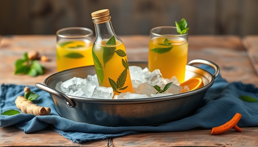 Refreshing basil ginger green tea turmeric cooler on ice in a metal tray.