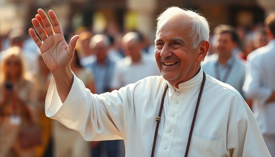 Smiling elderly man waving at outdoor gathering, Pope Francis legacy.
