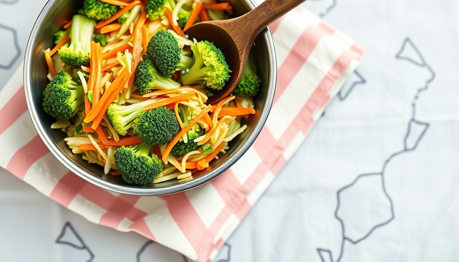 Colorful broccoli and carrot slaw with miso dressing in a bowl.