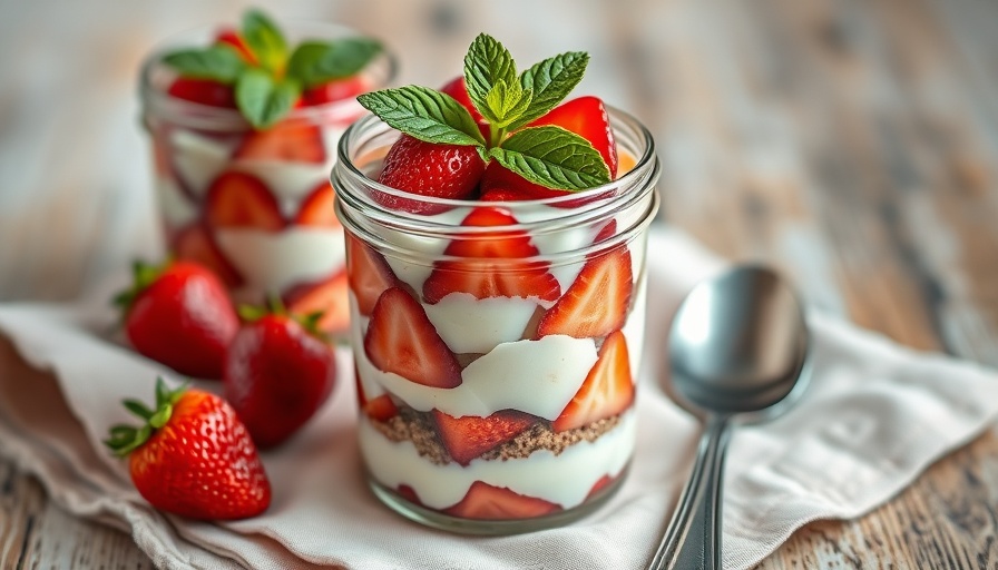 Strawberry coconut cream pots dessert in jar with mint garnish.