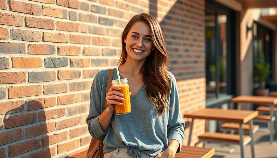 Smiling woman with smoothie enjoying a spring day.
