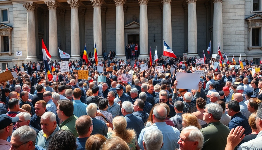 Protest outside historic building symbolizes decline of the American democratic republic.