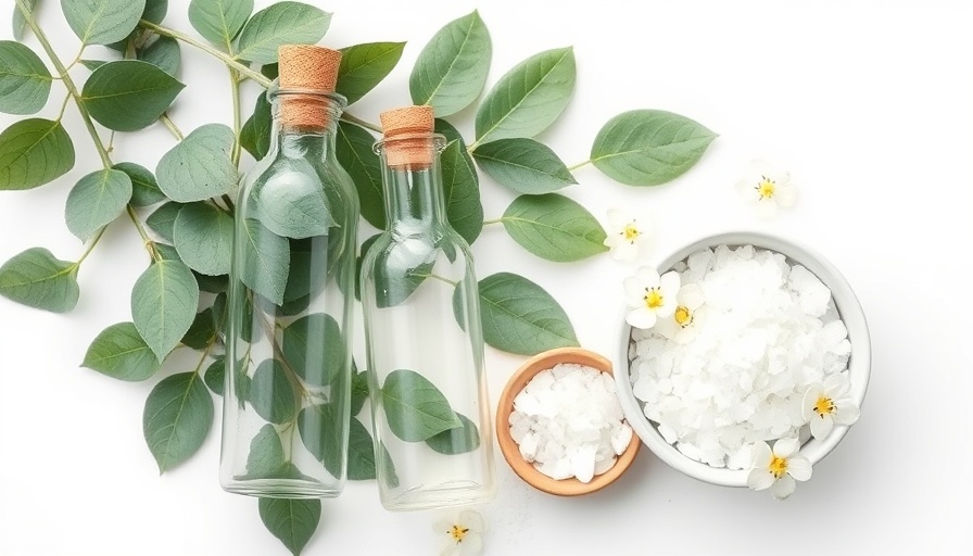 Minimalist natural wellness layout with eucalyptus and bath salts.
