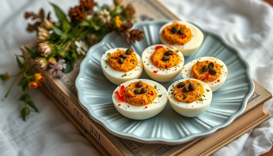 Romesco devilled eggs on a blue plate with a book background.