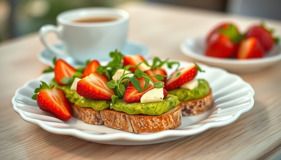 Avocado toast with micro arugula and strawberries on a white plate.