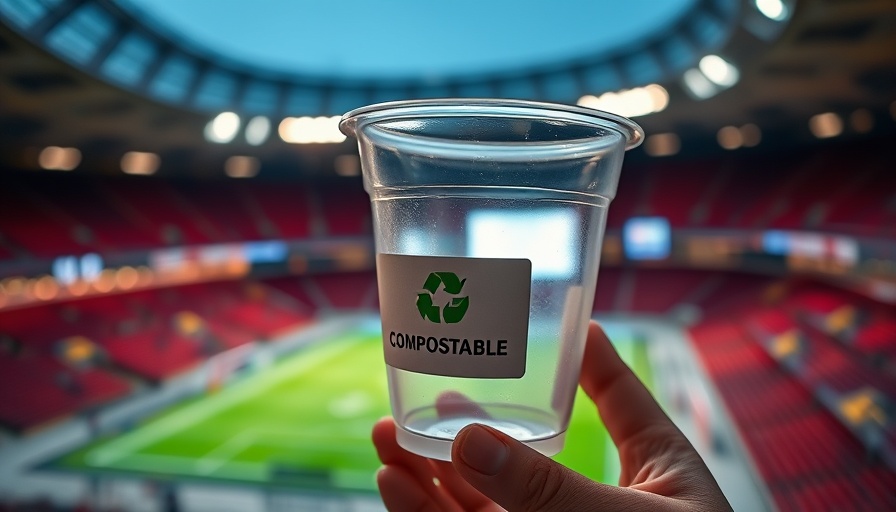 Compostable cup at sports stadium highlighting microplastics threat.