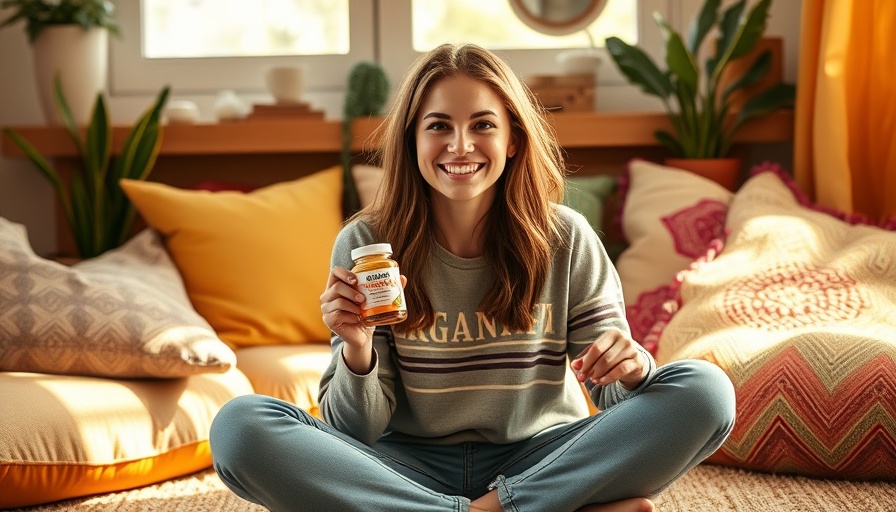 Smiling woman with Organifi Creatine Gummies seated comfortably.