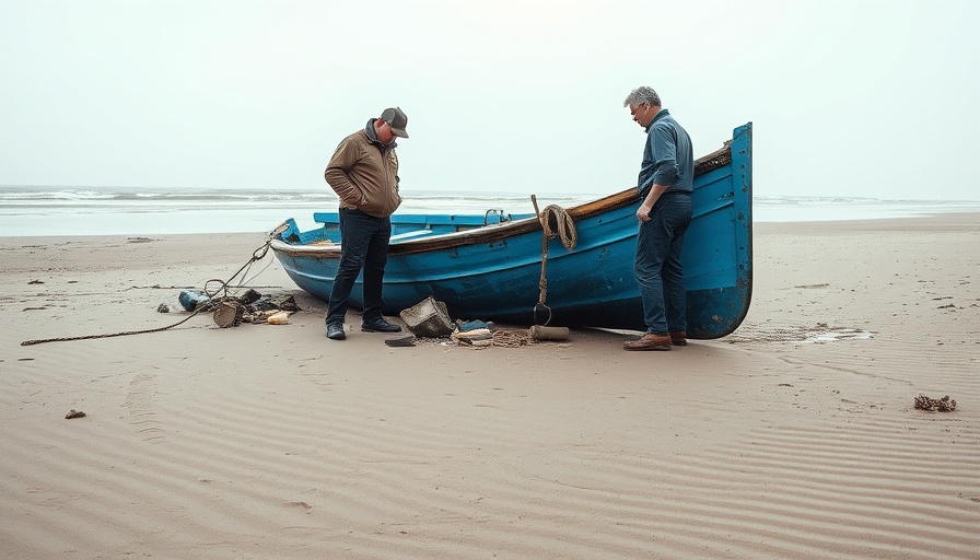 Men inspect beached boat in North County San Diego.