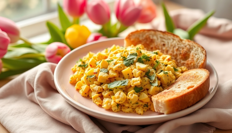Spicy tofu scramble recipe with toast and flowers.