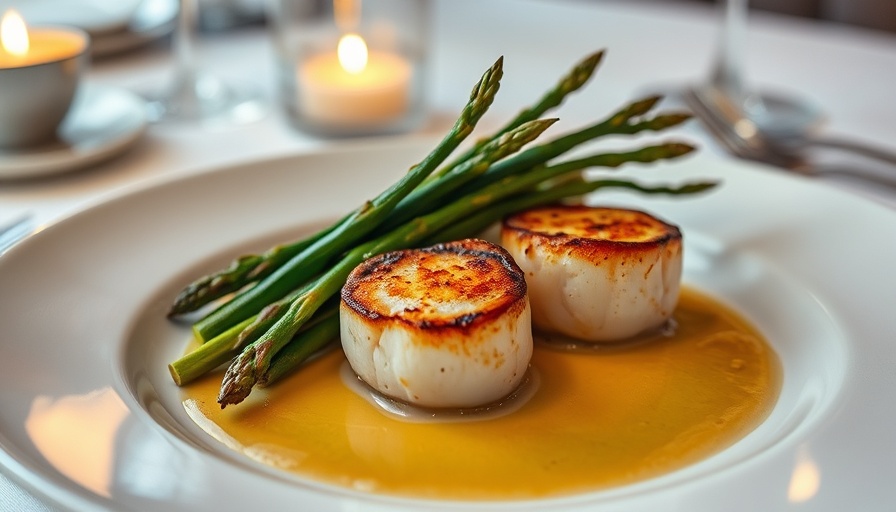 Seared Scallops with Grilled Asparagus plate in elegant setting.