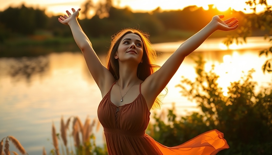 Serene moment of a young woman by a lake during sunset, Women's energy management.