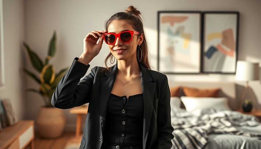 Stylish woman adjusting red sunglasses in cozy bedroom, warm lighting.