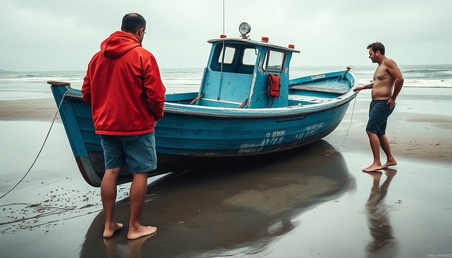 Coastal surveillance San Diego: Men inspecting weathered blue boat.