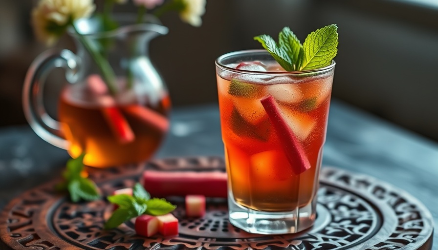 Rhubarb iced tea with mint on wooden tray.