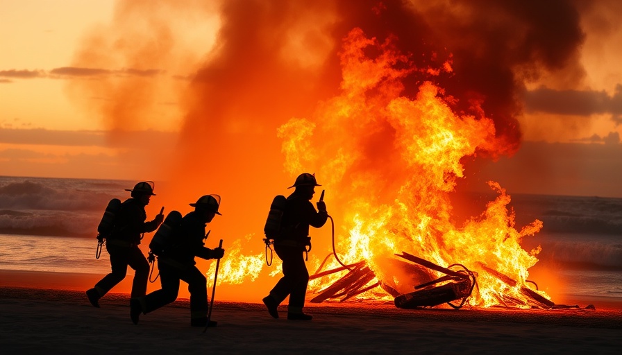 Firefighters battle a blazing fire in a building by the ocean during sunset.