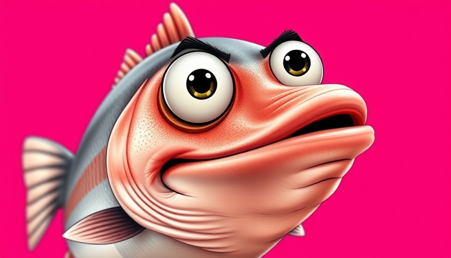 Surprised cartoonish salmon with vibrant magenta background.