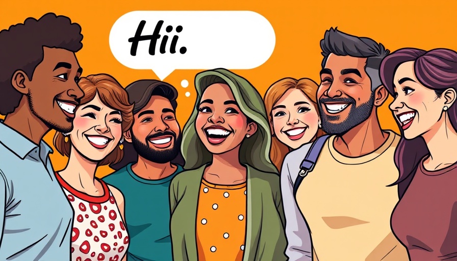 Cartoon of adults socializing with a 'Hi' bubble, social skills theme.