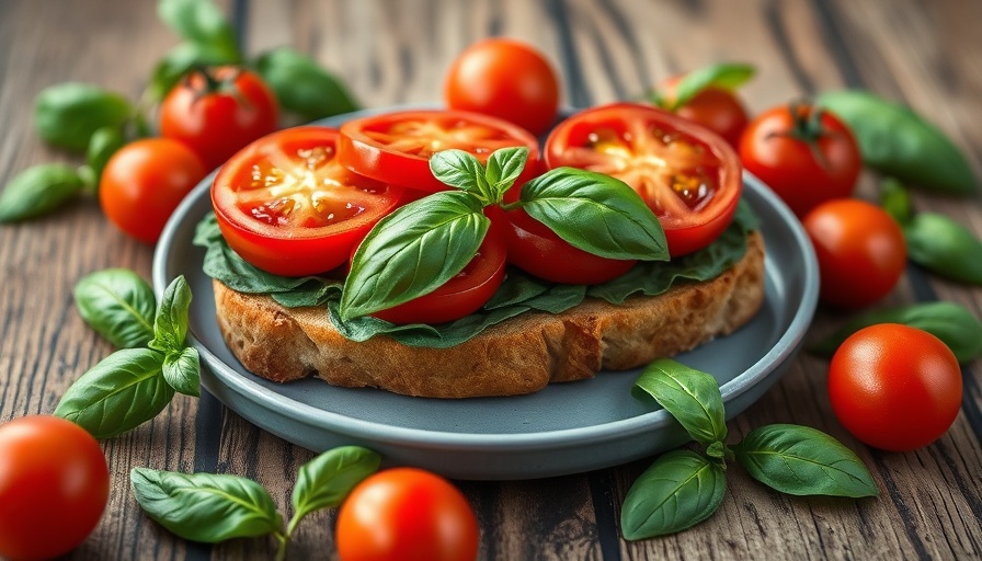 Artful open-faced tomato sandwich with basil on rustic table