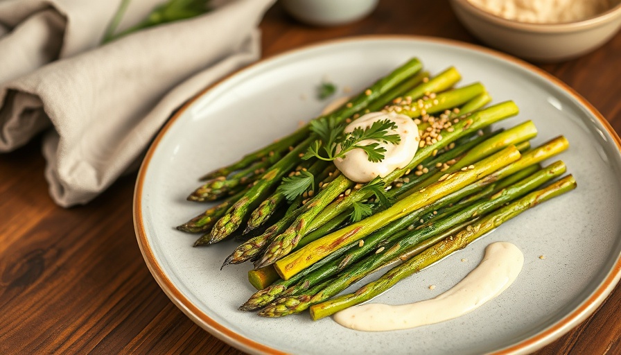 Charred Asparagus and Garlic Tahini Salad on ceramic plate.
