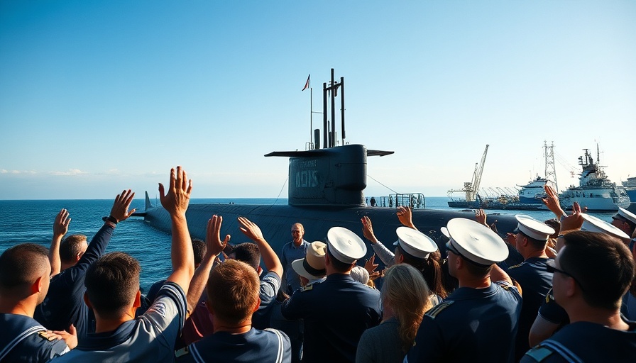 USS Alexandria submarine return with crowd cheering at port.