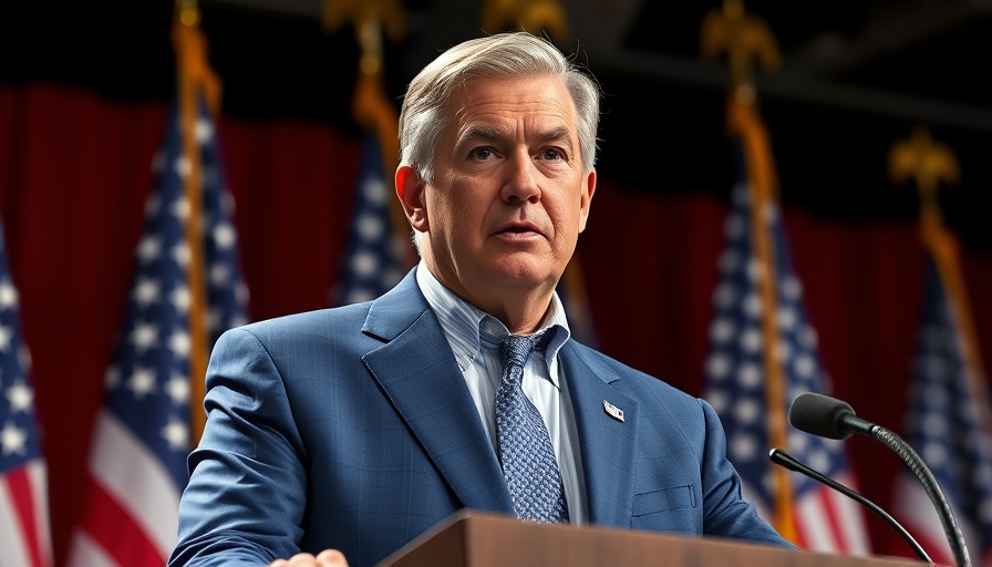 Man in blue suit speaking with flags in background, serious expression.