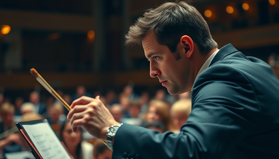 Conductor leading orchestra during Shostakovich Leningrad Symphony performance.