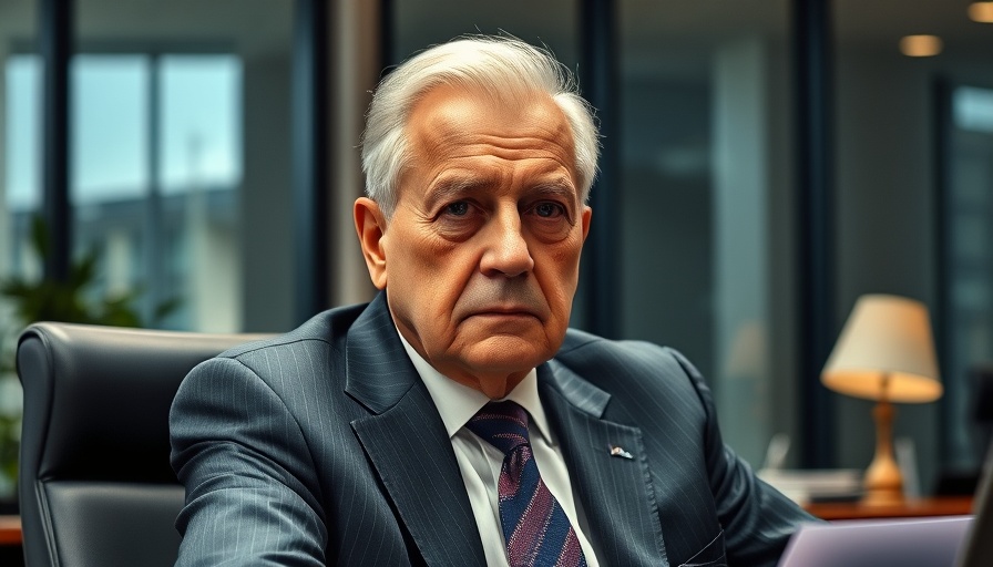 Man seated at a desk with a solemn expression, soft lighting.