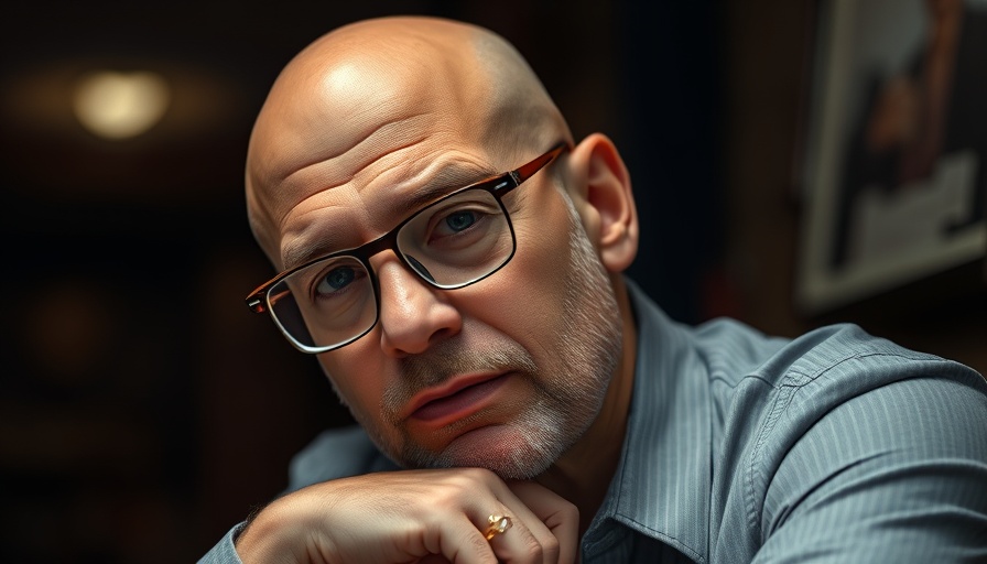 Bald man relaxed in dark room, metastatic prostate cancer support.