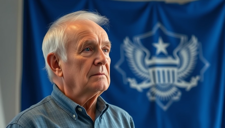 Elderly man with thoughtful expression in front of emblem.