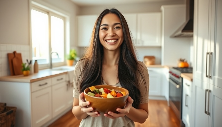 Cheerful woman holding a superfood bowl in modern kitchen