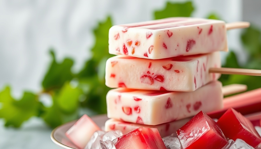 Honey Rhubarb Yogurt Ice Pops stacked with ice on a plate.