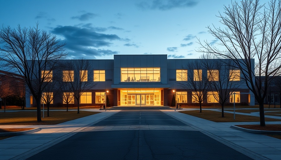 Modern high school building at twilight with minimalistic design and landscaping.