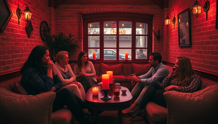 Cozy group in red-lit teahouse in Los Angeles enjoying nightlife.