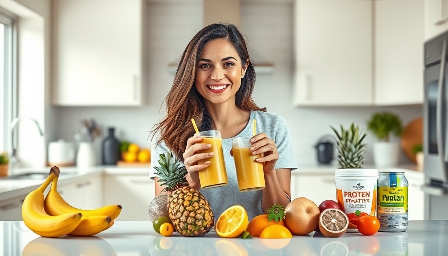 Woman in kitchen holding smoothie bottle with fruit and ingredients, bright setting.