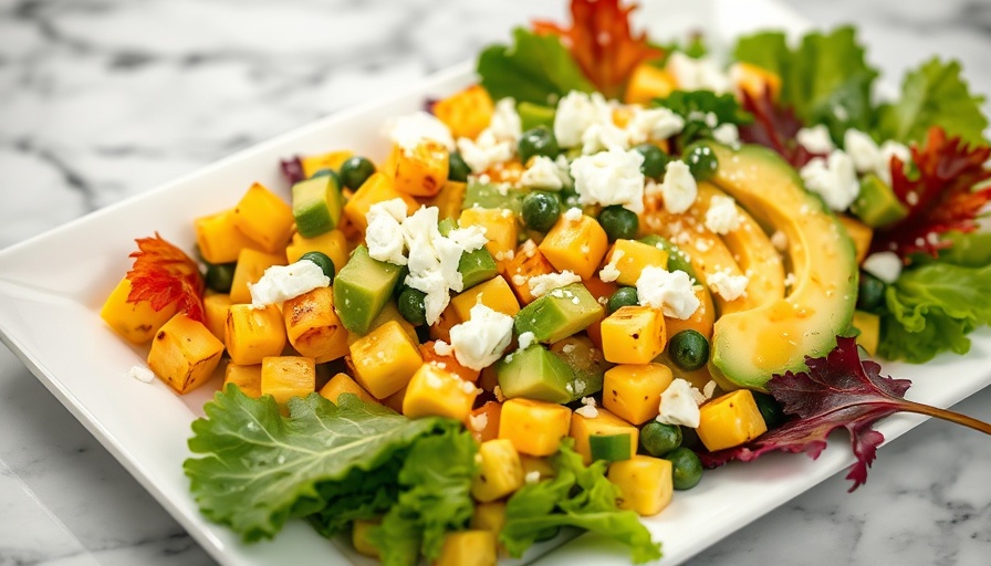 Colorful Roasted Corn Avocado Feta Salad on a white plate.