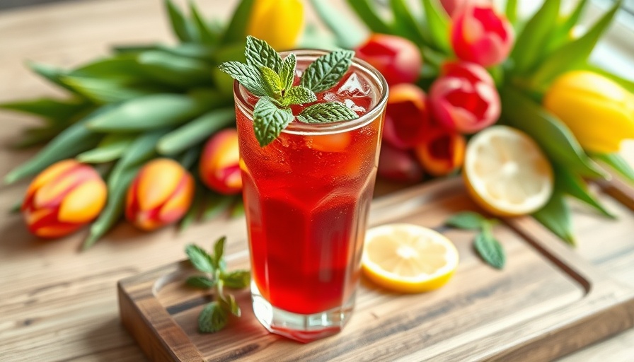 Refreshing iced beverage with mint and lemon on wooden tray, North County San Diego Health.