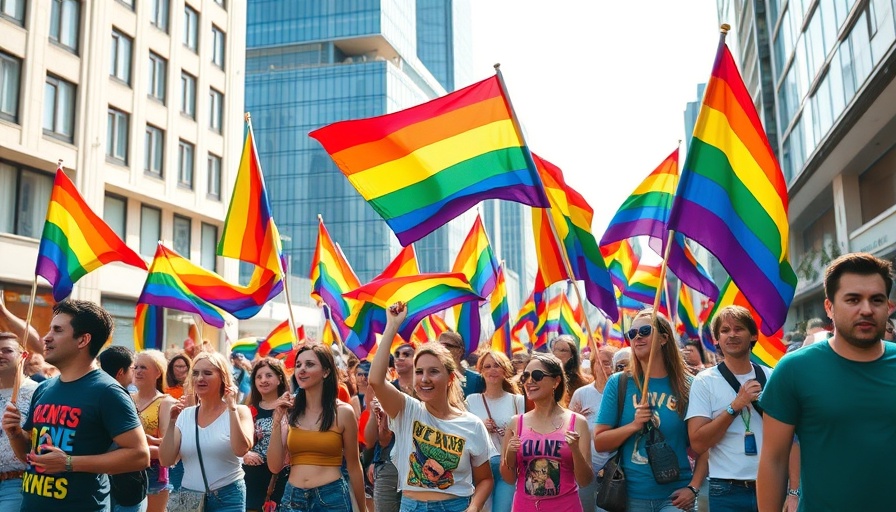 San Diego Pride parade with colorful flags waving in a vibrant atmosphere.