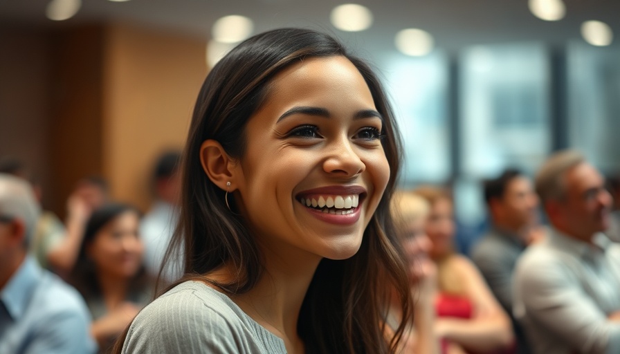 Cheerful woman smiling at MAHA event on psilocybin therapy.