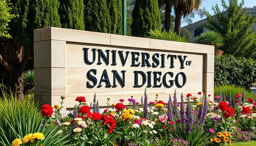 University of San Diego entrance sign with greenery.